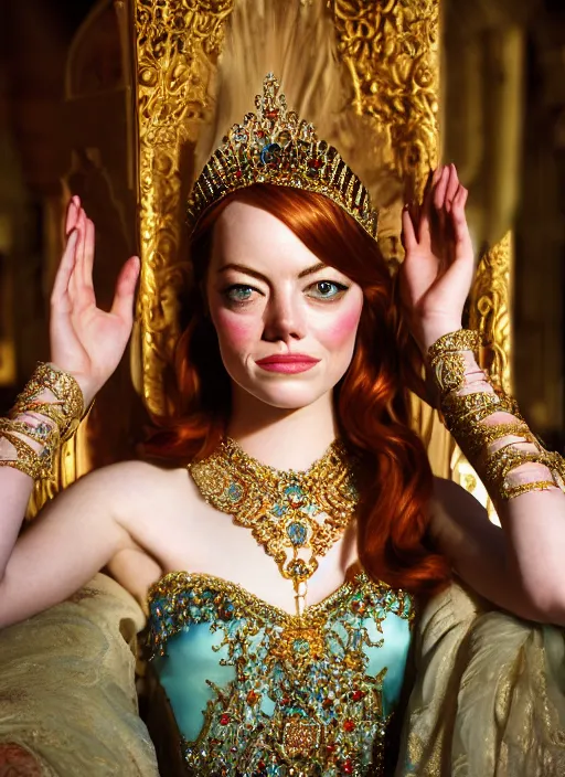 Image similar to portrait of emma stone as princess jasmine in persian palace, by charlotte grimm, natural light, detailed face, beautiful crossed hands,, canon eos c 3 0 0, ƒ 1. 8, 3 5 mm, 8 k, medium - format print, half body shot