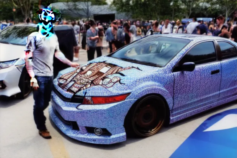 Image similar to mark Zuckerberg and his anime wrapped honda civic at a car show