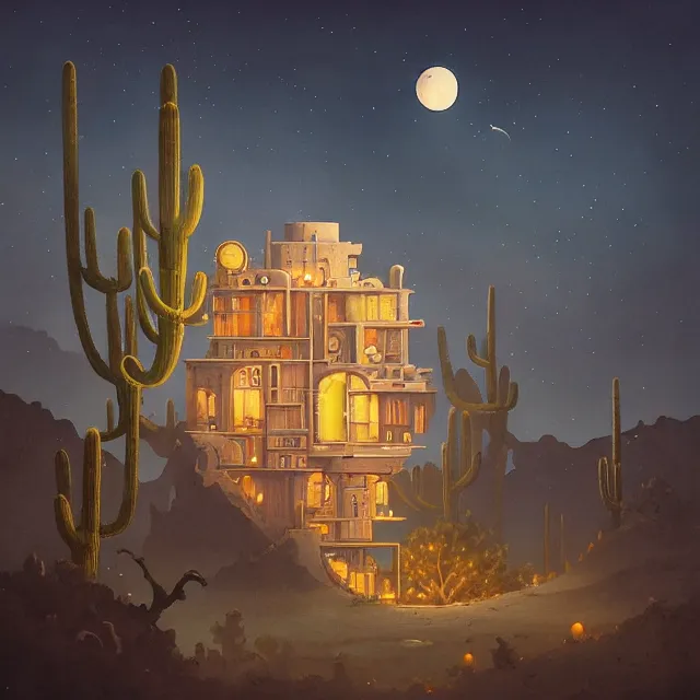 Image similar to a single building flying above a desert oasis in a moonlit night in the style of peter mohrbacher and jacek yerka