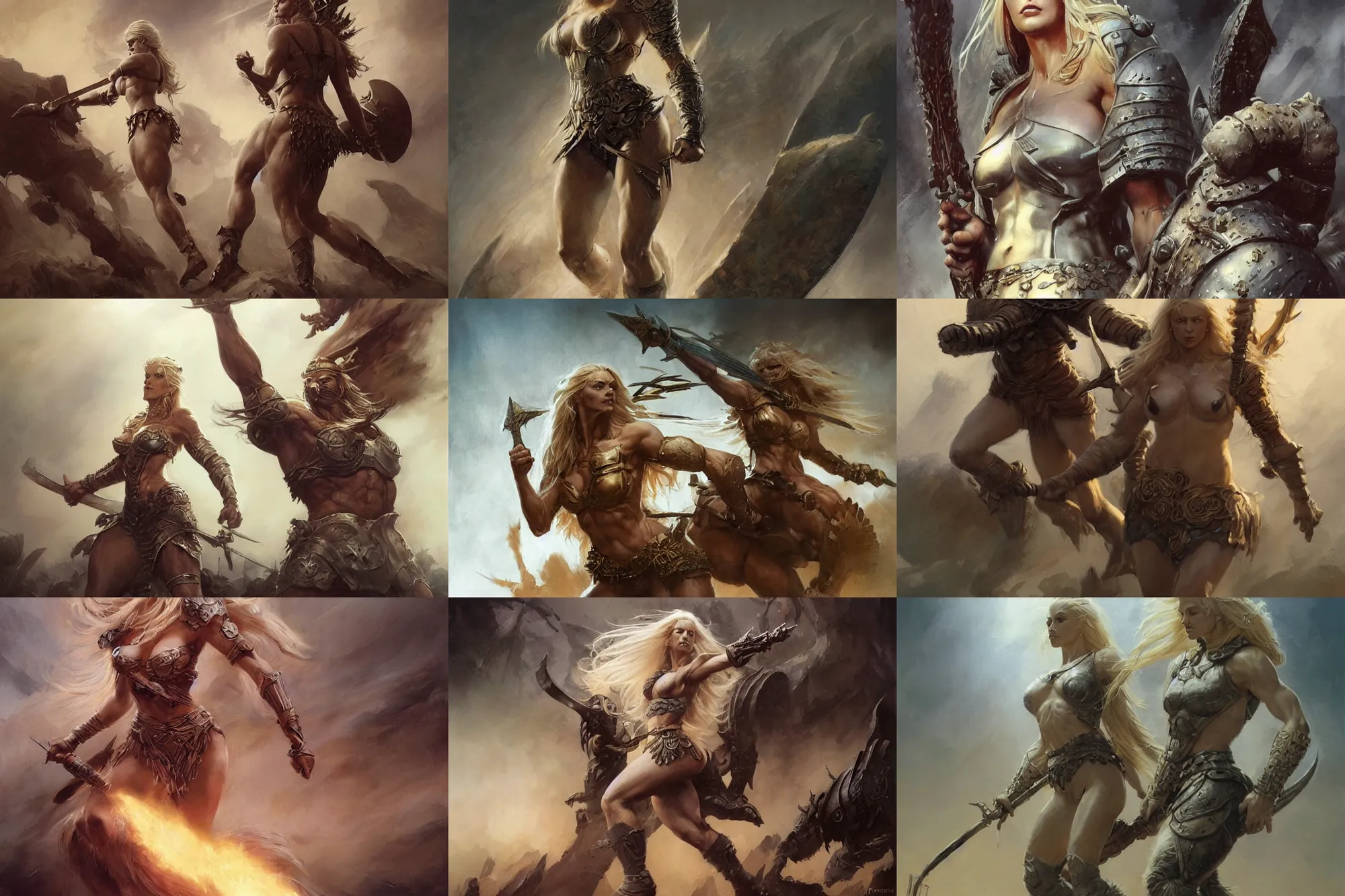 Prompt: A full length portrait of a very beautiful blonde slavic berserker woman, running into battle by Frank Frazetta, Greg Rutkowski, Boris Vallejo, epic fantasy character art, goddess of war, Exquisite detail, post-processing, low angle, masterpiece, cinematic