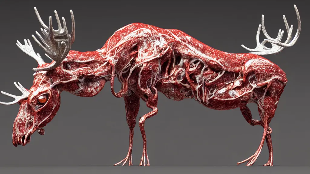 Image similar to stylized shiny polished silver statue full body bizarre extra limbs cosmic horror quadruped animal moose deer skull four legs made of marble of slug worm creature tendrils perfect symmetrical body perfect symmetrical face hyper realistic hyper detailed by johannen voss by michelangelo octane render blender 8 k displayed in pure white studio room anatomical deep red arteries veins flesh animatronic