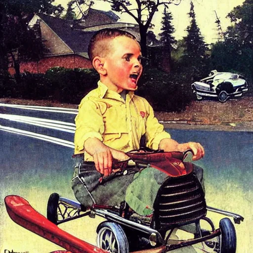 Image similar to a Norman Rockwell painting of a boy driving a hover-car