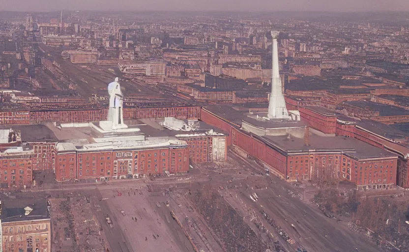 Image similar to high quality 2000s historic footage of a soviet square with a great lenin statue with stanilist style high rise and pedestrians, color aerial photo drone, Cinestill 800t, heavy grainy picture, very detailed, high quality, 4k panoramic