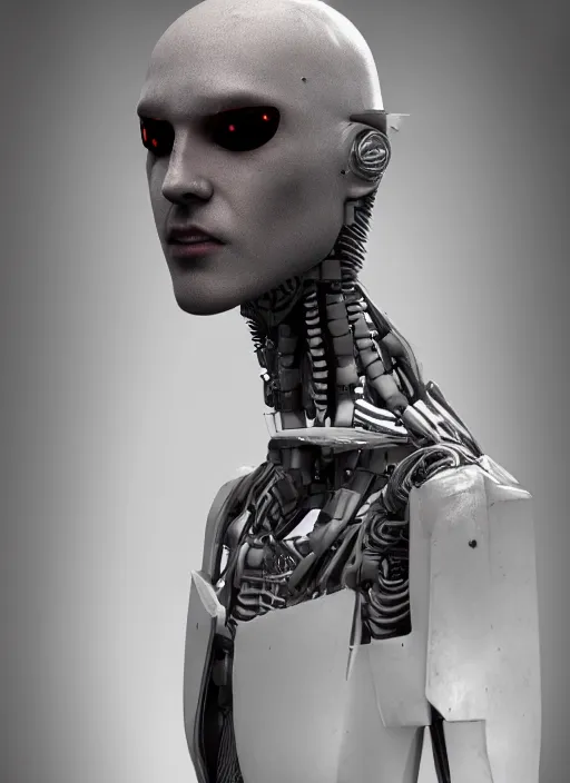 Image similar to bladerunner, cyberpunk, angled facial portrait of a bone ceramic caliente humanoid robot Spanish ninja with an attractive bald head and handsome features, large glowing eyes, macho, piroca, dotado, guapo, reflective surface, by Makoto Shinkai, trending on cgsociety, trending on artstation