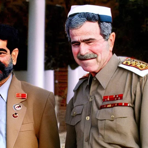 Image similar to saddam hussain with george bush, realistic, award winning, photography,