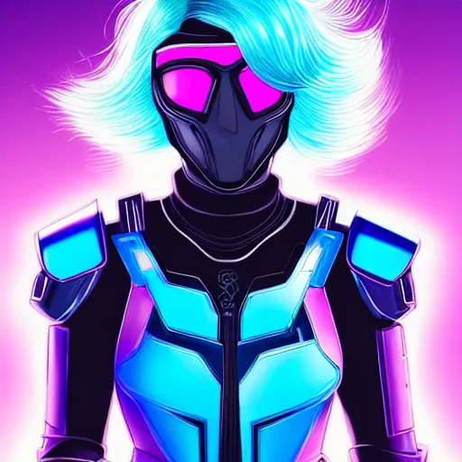 Prompt: a stunning upper body portrait of a beautiful young woman wearing futuristic navy blue and teal battle bodyarmor and pauldrons and ombre purple and pink hairstyle with hair blowing in the wind, by marvel comics, outrun, vaporware, neon, highly detailed, fine detail, intricate, digital art, trending on artstation