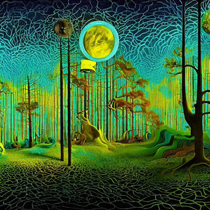 Image similar to charles burchfield art painting, beautiful arboreal forest by Adriaan Herman Gouwe, oregon washington rain forest by beeple, the sun glitchart, glitch effect sunlight, alien dream worlds, hellscape, seascape, with surreal architecture designed mega structures inspired by Garden of Earthly Delights, vast surreal landscape and horizon
