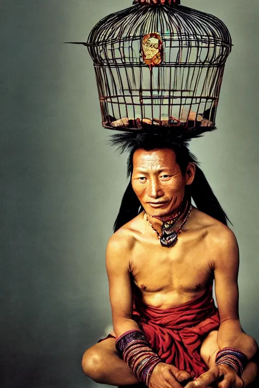 Prompt: photo portrait of a tibetan man with a birdcage crossing his body, by Annie Leibovitz