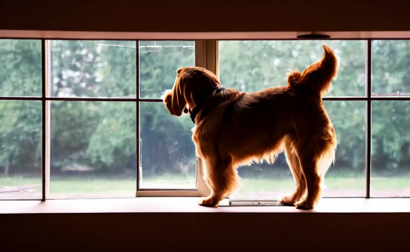 Image similar to a dog is looking out of a window, beautiful lighting, 8 k