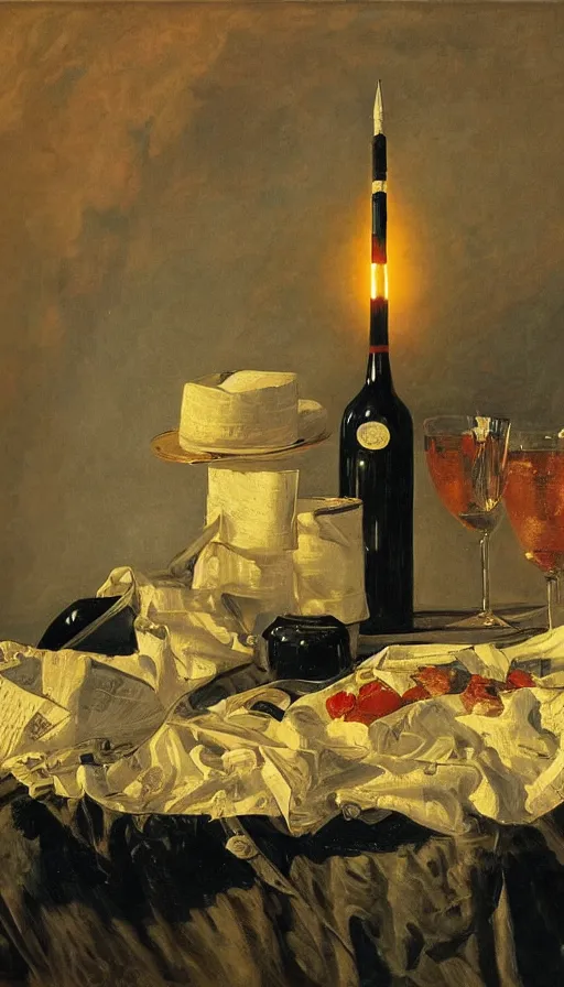 Image similar to still life painting of party hit by nuclear missile, by Peder Krøyer, golden hour, dramatic lighting, epic, gargantuan, intricate detail, canvas print