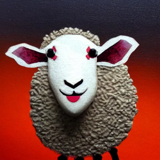 Image similar to Sheep with red whool and pointy vampire teeth, ambient lighting, highly detailed, mystic, tpg artwork