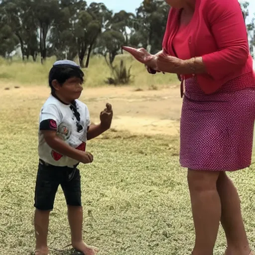 Prompt: evil pauline hanson disrespecting a small innocent aboriginal child on sacred land