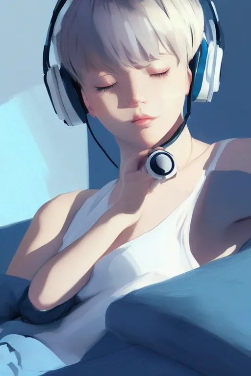 Prompt: a cute young woman lying on a couch while listening to music with her eyes closed and wearing headphones in the style of Ilya Kuvshinov and Range Murata, white bob cut hair, blue filter, blue and white, soft lighting, atmospheric, cinematic, moody, digital painting by Krenz Cushart, 8k