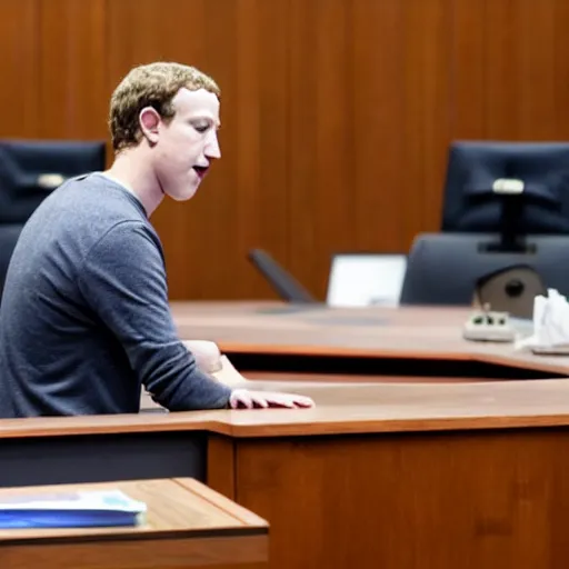 Image similar to mark Zuckerberg crying in a courtroom