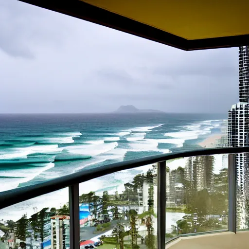 Prompt: a photograph from a high rise balcony overlooking the pacific ocean, gold coast australia, rainy grey afternoon