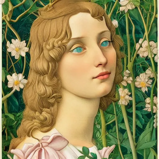 Image similar to a lot of flowers morphing in a beautiful girls face, film still by wes anderson, depicted by botticelli, limited color palette, very intricate, art nouveau, highly detailed, lights by hopper, soft pastel colors, minimalist