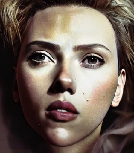 Image similar to a high quality, high detail, photorealistic portrait of scarlett johansson by james nachtwey and lucian freud,