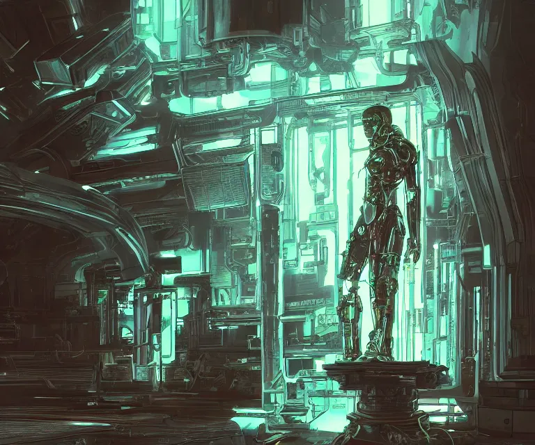 Image similar to translucent cyborg sitting on a metal throne in a futuristic castle, cyberpunk, highly detailed, sharp lines, neon lights