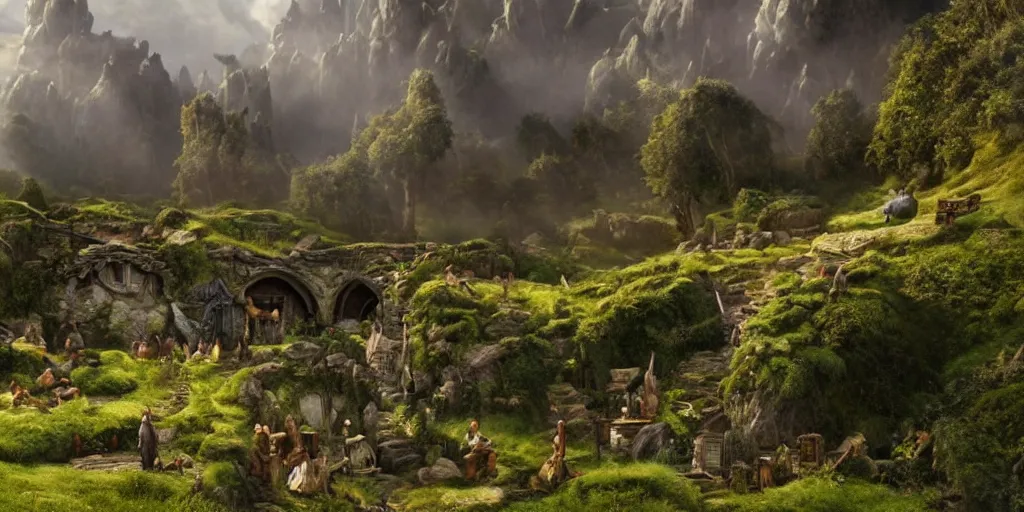 Prompt: beautiful matte painting of the hobbit shire by weta workshop 4 k, cinematic dramatic atmosphere, dramatic lighting