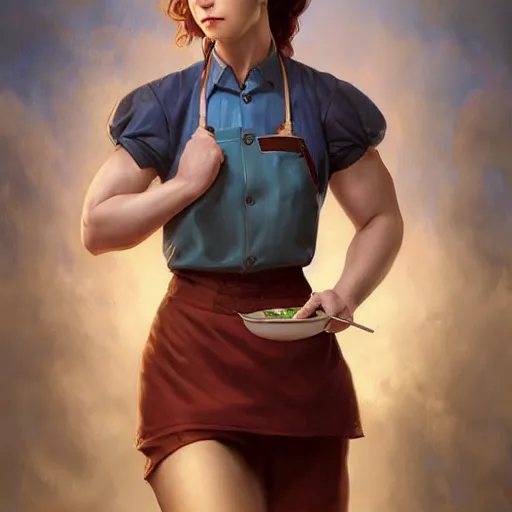 Prompt: epic portrait an muscular waitress wearing short sleeved uniform and carrying food, digital painting, artstation, concept art, soft light, hdri, smooth, sharp focus, illustration, fantasy, intricate, elegant, highly detailed, D&D, matte painting, in the style of Greg Rutkowski and Alphonse Mucha and artemisia, 8k, highly detailed, jurgens, rutkowski, bouguereau, pastoral, rustic, georgic, detailed concept art, illustration, colorful pastel, painting, detail, ultra detailed, digital art, 4K,