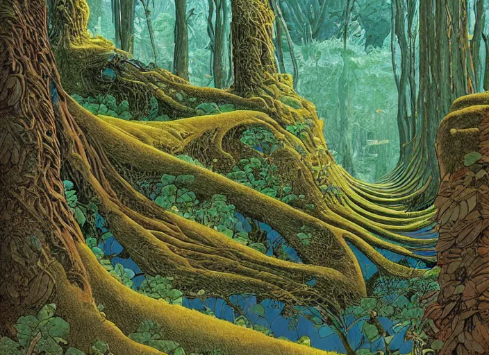 Image similar to highly detailed image by moebius and roger dean of the forest of mœbdean, digital art