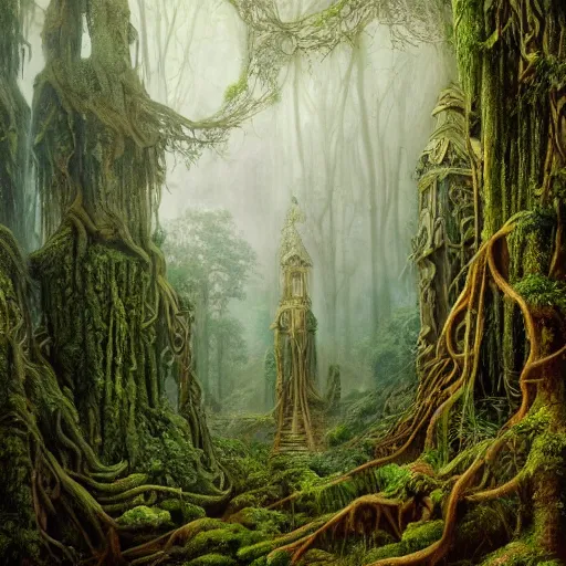Image similar to a beautiful and highly detailed oil painting of an overgrown forest temple in the misty mountains, intricate details, epic scale, insanely complex, 8 k, sharp focus, hyperrealism, fantasy landscape, psychedelic, by caspar friedrich and james gurney,