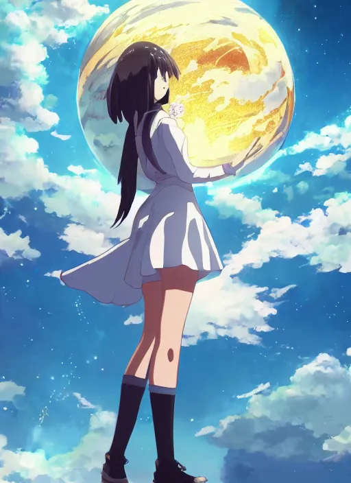 Image similar to a gigantic anime girl in outer space holding a planet in her hand. Anime, Makoto Shinkai, trending on ArtStation, digital art.
