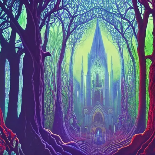 Image similar to a beautiful and highly detailed landscape painting of a cathedral in a beautiful garden in a mystical forest, psychedelic, intricate details, epic scale, insanely complex, 8 k, sharp focus, by eyvind earle