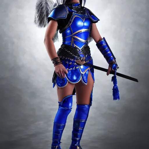 Image similar to full body photo of a female warrior with lapis lazuli armour