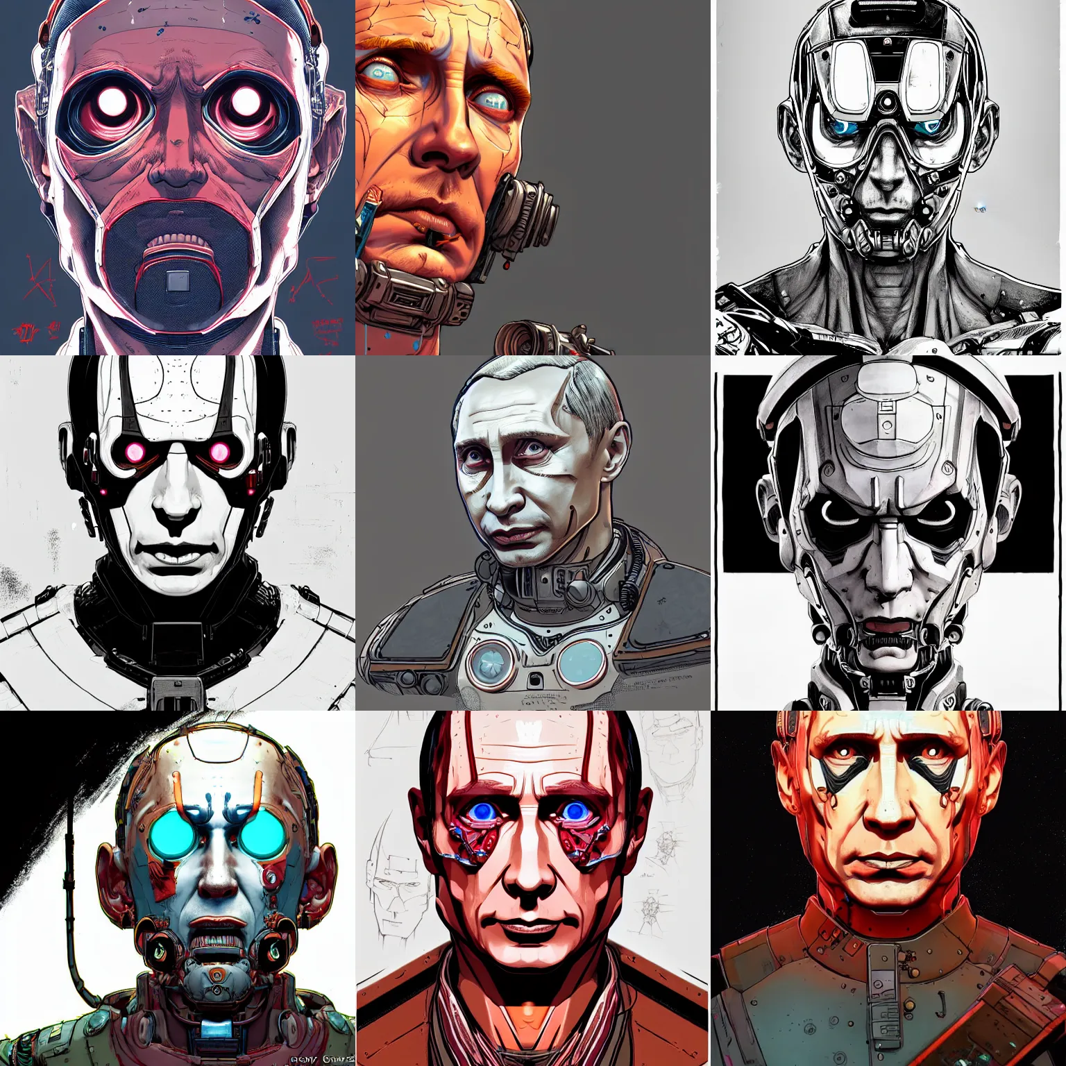 Prompt: a study of cell shaded lineart portrait of a cyborg vladimir putin looking at the camera as Borderlands 3 concept art, llustration, post grunge, concept art by josan gonzales and wlop, by james jean, Victo ngai, David Rubín, Mike Mignola, Laurie Greasley, highly detailed, sharp focus, intricate, Trending on Artstation, HQ, deviantart, art by artgem