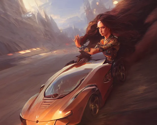 Image similar to sports car action shot, deep focus, d & d, fantasy, intricate, elegant, highly detailed, digital painting, artstation, concept art, matte, sharp focus, illustration, hearthstone, art by artgerm and greg rutkowski and alphonse mucha