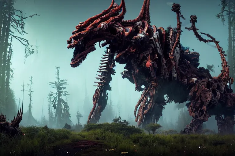 Image similar to wide epic shot from horizon forbidden west. a hyper detailed organic mechanic creatuve realistic similar look as horizon forbidden west horizon zero dawn, bioluminiscence in a dark deep forest at dawn in spring, with reflection and textures, by kilian eng, substance painter reaslitic mech surface metal painted scratches, world env from horizon forbidden west horizon zero dawn