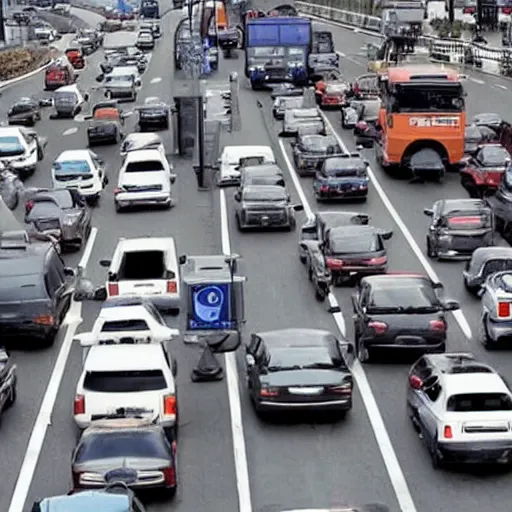 Prompt: very angry drivers on a traffic jam, futuristic city