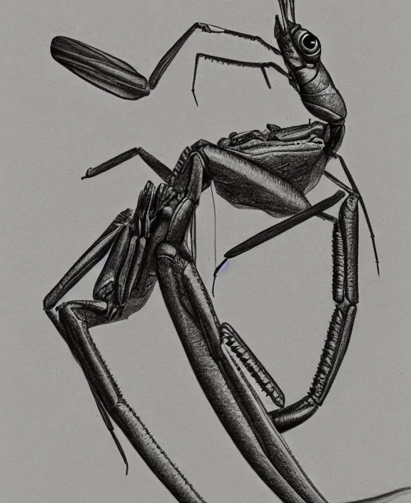 Prompt: a pencil drawing portrait of a cyborg praying mantis facing the camera