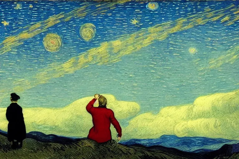 Prompt: a person looking at the night sky with clouds and stars, colorful, beautiful, national geographic, very detailed, astrophotography, cinematic lighting, oil painting, canvas, Theodor Kittelsen, Vincent van Gogh, Caspar David Friedrich