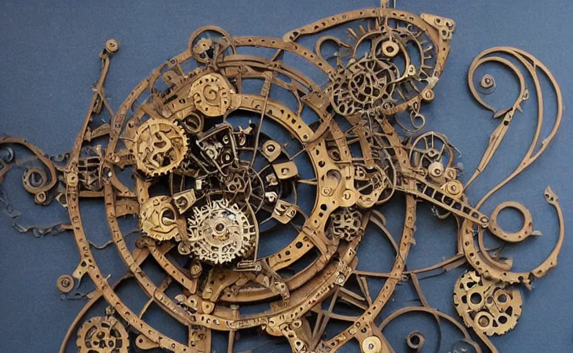 Prompt: mechanical wind flower with small parts and intricate details, metal scapes, steampunk, art nouveau style