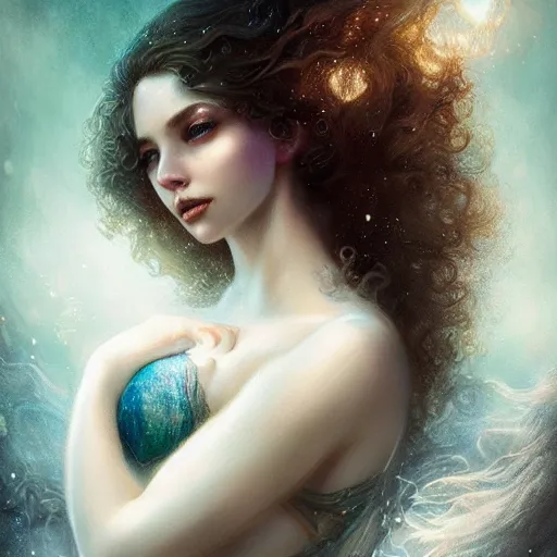 Image similar to beautiful mermaid with curly hair, magical details, magical atmosphere, cinematic lighting, hyper - detailed, cgsociety, 3 - d 8 k, high resolution, in the style of charlie bowater, tom bagshaw, alexis franklin, elena masci, pawel rebisz