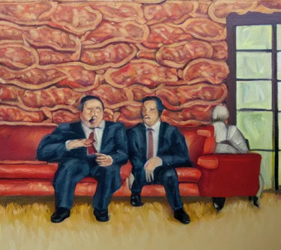 Image similar to oil painting of couch made out of meat, business men sitting and talking,