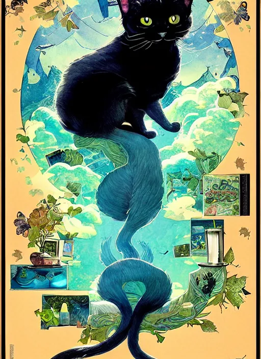 Image similar to a hyper realistic ink cat and the meaning of life and sunbeams blue sky, lush forest poster art by chiara bautista and kim jung giu and norman rockwell and greg rutkowski weta studio, and lucasfilm