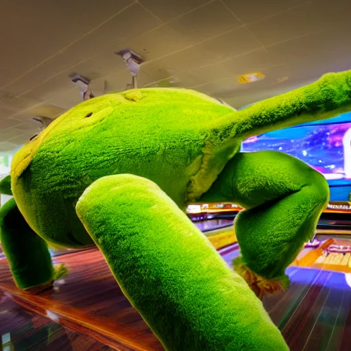 Prompt: cinematic photo of a giant taxidermized furry green crab in a bowling alley