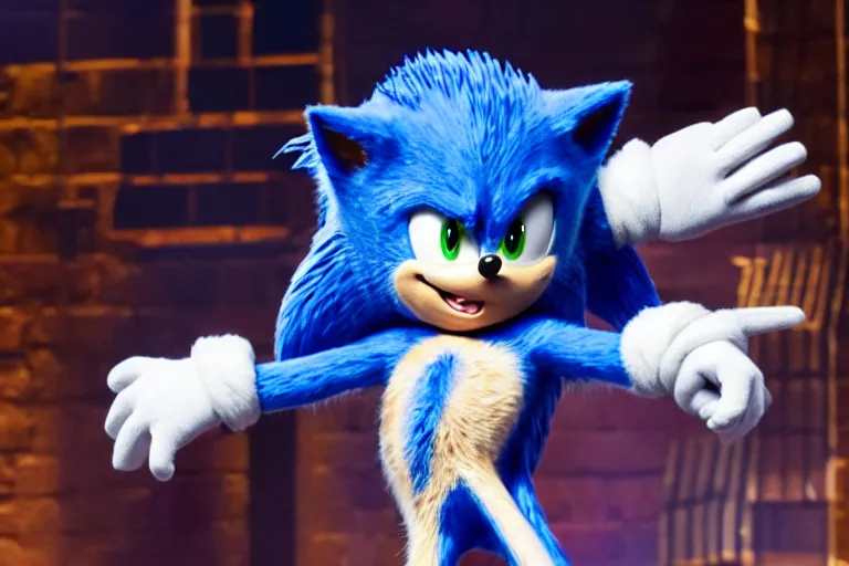 Prompt: sonic the hedgehog stars in hamilton, getty images proshot, hamilton an american musical starring sonic the hedgehog, stage lighting, broadway, wearing a 1 7 0 0 s suit, sonic the hedgehog starring alongside leslie odom jr and christopher jackson