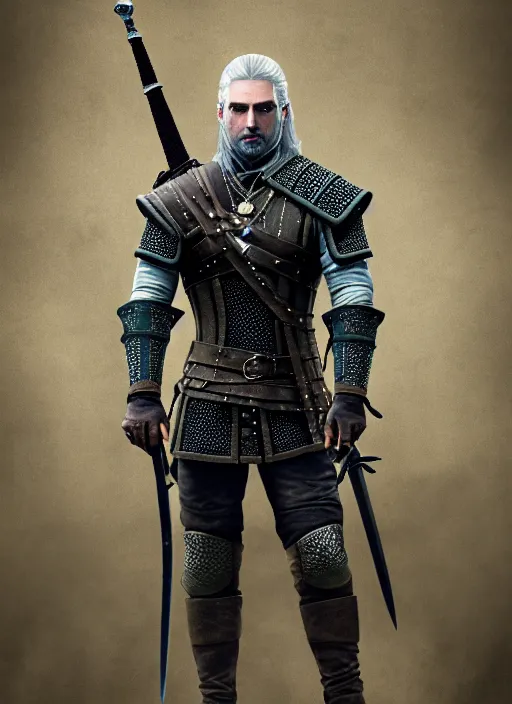 Prompt: a witcher with beautiful cloth armor and sword