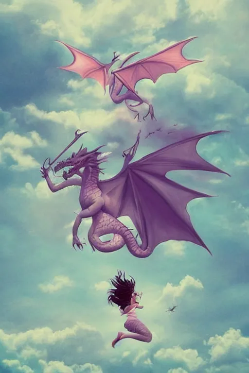 Image similar to a magical dragon making a girl fly in the sky without wings, they are in the edge of a beautiful hill, aesthetic, pastel filter, pastel effect, pastel style, 2 d art