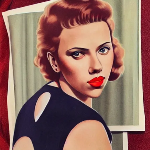 Image similar to “Scarlett Johansson portrait, color vintage magazine illustration 1950”