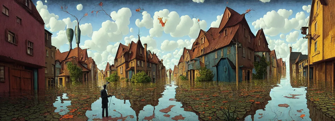 Image similar to flooded! old wooden empty cursed city street, very coherent and colorful high contrast masterpiece by gediminas pranckevicius franz sedlacek rene magritte norman rockwell, full - length view, dark shadows, sunny day, hard lighting, reference sheet white background