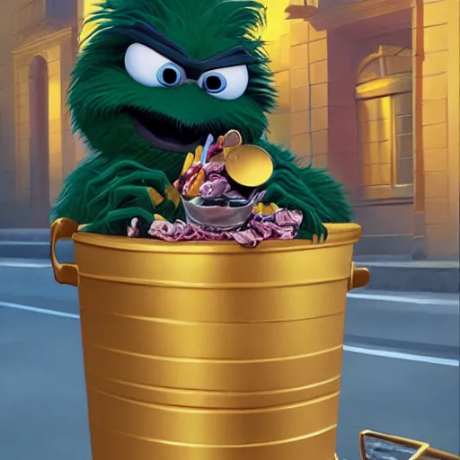 Prompt: oscar the grouch in a gold plated garbage can, behance hd by jesper ejsing, by rhads, makoto shinkai and lois van baarle, ilya kuvshinov, rossdraws global illumination