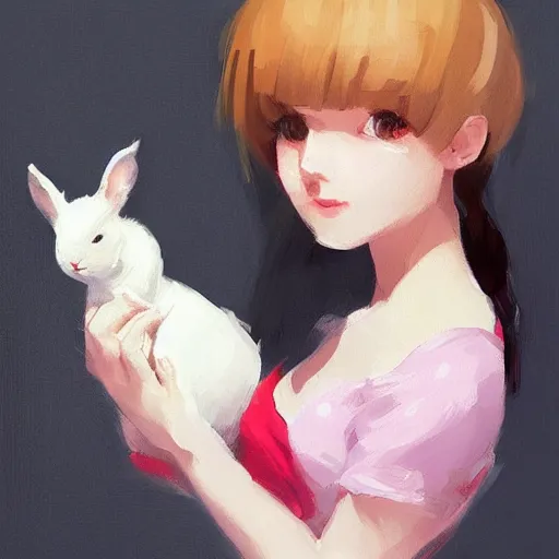Prompt: portrait of a cute girl holding a white rabbit looking directing at camera, strong brush stroke, very high detailed, symmetrical face, sharp focus, illustration, morandi color scheme, art station, by krenz cushart, h 7 0 4