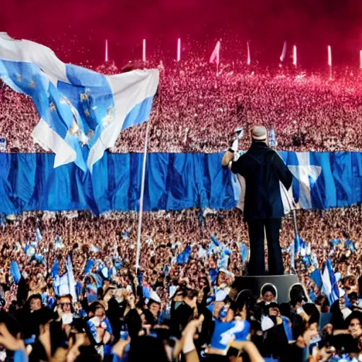 Image similar to Lady Gaga as president, Argentina presidential rally, Argentine flags behind, bokeh, giving a speech, detailed face, Argentina