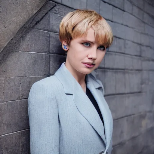 Prompt: hyperdetailed photo of a peaceful woman with light blue eyes and open mouth, really short hair, in a cybercity, wearing tweed wool suit, inside berghain, classic, photo 3 5 mm leica, hyperdetail, 8 k, very detailed, fine - face