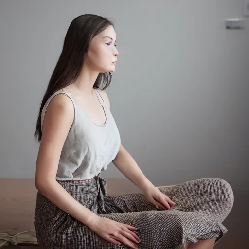 Prompt: casual photograph of a woman sitting in a studio room pensively, with the poise and appearance of the ( ( ( ( ( ( ( ( mona lisa ) ) ) ) ) ) ) ), taken in 2 0 1 9 with a digital camera, full color, head shot